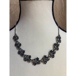Vintage Floral Silver Necklace With Blue & clear rhinestone Accents ,Adjustable